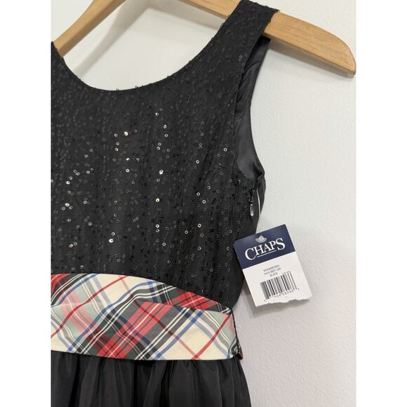NEW Chaps Girls Black Sequin Plaid Belt Party Dress Sz 10 Holiday Christmas - Picture 2 of 3